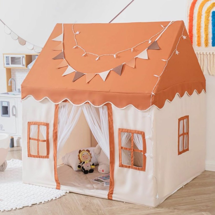 Fairy Baby | Fairy Baby Large Kid Play Tent For 3-4 Toddlers Play - Indoor Playhouse With Star Lights, Decorating Flag Cushion For Kids - Teepee Tent For Toddler Boys Girls Size 47\"X 40\"X52\" (Brown)