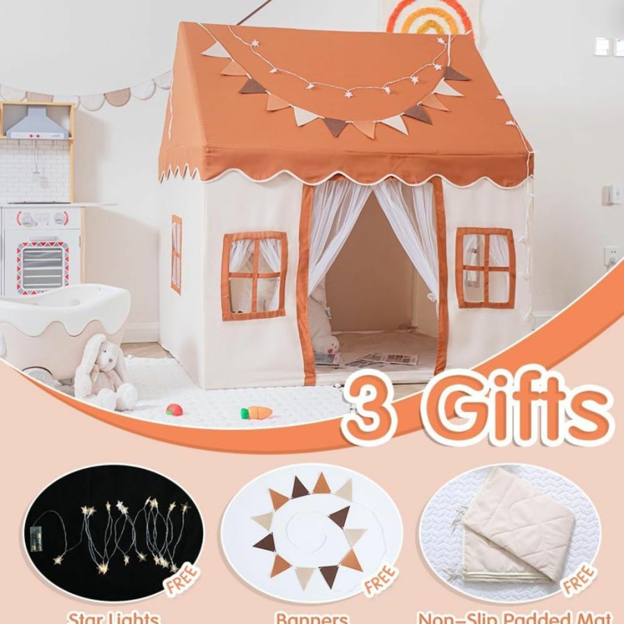 Fairy Baby | Fairy Baby Large Kid Play Tent For 3-4 Toddlers Play - Indoor Playhouse With Star Lights, Decorating Flag Cushion For Kids - Teepee Tent For Toddler Boys Girls Size 47\"X 40\"X52\" (Brown)