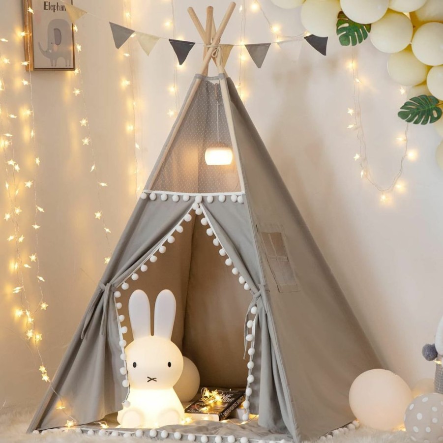 xiaowantong | Teepee Tent For Kids With Padded Mat, Foldable Play Tent With Carry Bag For Indoor Outdoor, Pompom Lace Cotton Canvas Playhouse Tipi For Girls Boys