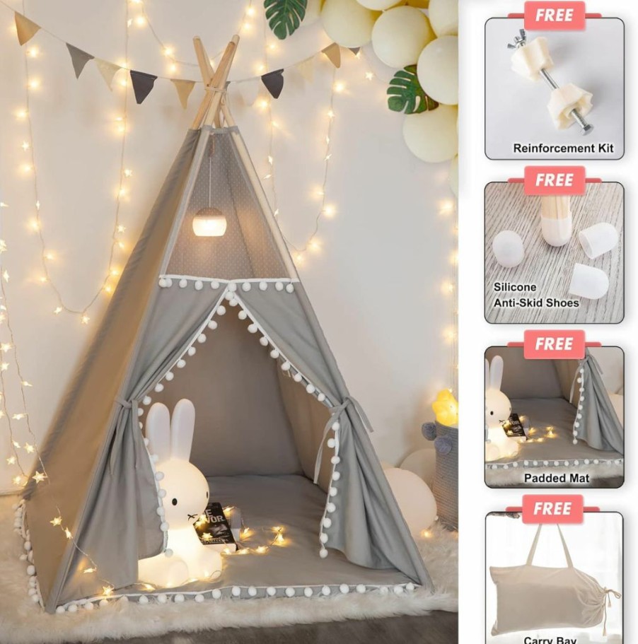 xiaowantong | Teepee Tent For Kids With Padded Mat, Foldable Play Tent With Carry Bag For Indoor Outdoor, Pompom Lace Cotton Canvas Playhouse Tipi For Girls Boys