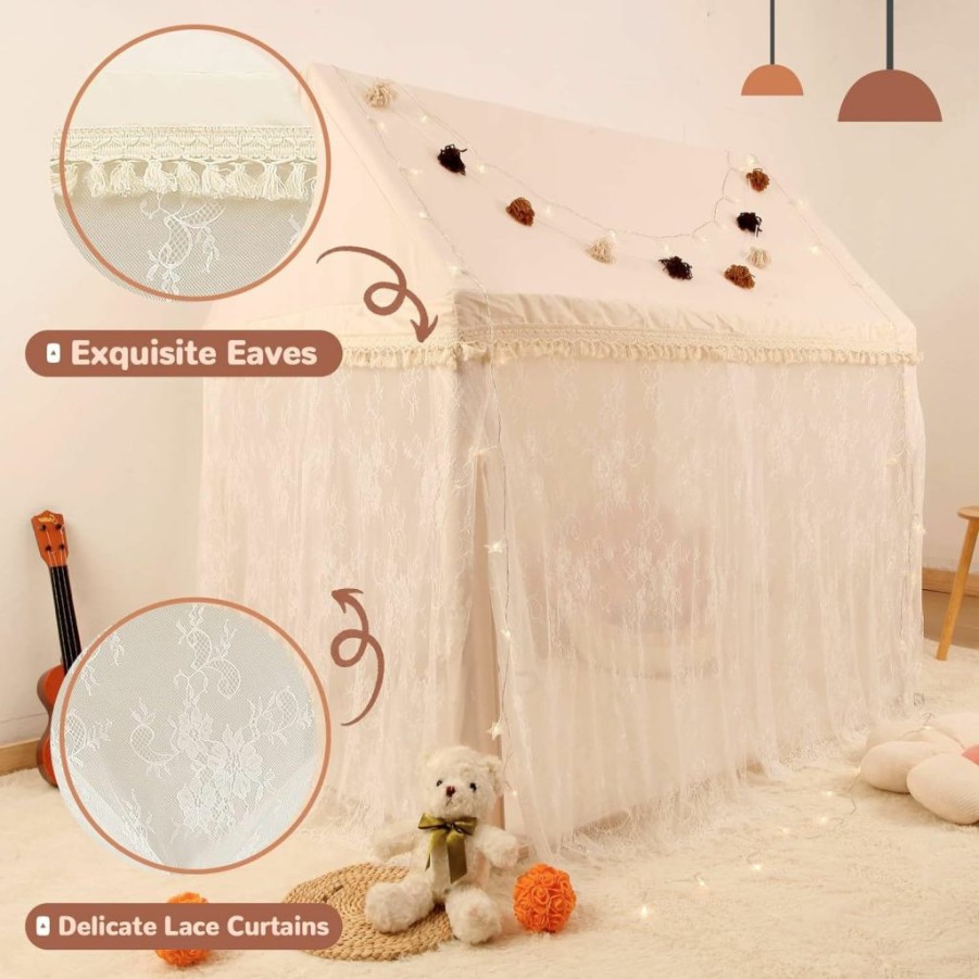 XIAOSHIHOU | Kids Play Tent Non-Slip Mat, Star Lights, Decorating Flag, Tassel Large Playhouse, Boho Style, Exquisite Lace Curtains, Indoor And Outdoor Play Tent For Kids, Girls, Neutral Color, 52\" X 35\" X 52\"