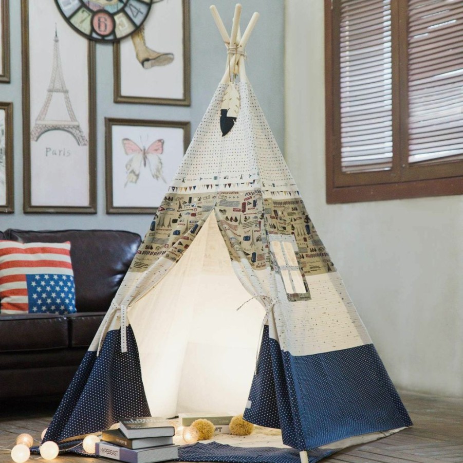 xiaowantong | Kids Teepee Tent With Mat, Xiaowantong Printed Canvas Teepee For Girl Boy With Carry Bag, Portable Kids Playhouse For Indoor Outdoor (Bottom Blue)