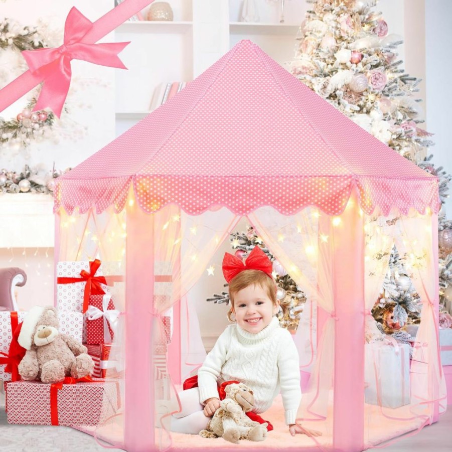 EVOIONOS | Evoionos Pink Princess Tent For Girls, Kids Play Tent With Large Star Lights, Castle Playhouse For Children Indoor Outdoor Games, 55 X 53 Inches