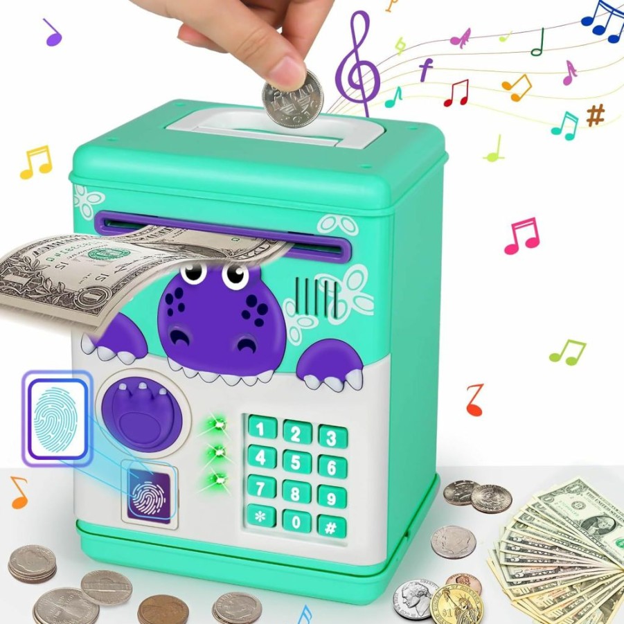 Basytodio | Dinosaur Atm Piggy Bank Toys For Real Money For Kids Safe With Digital Fingerprint Password Cash Coins Saving Treasure Box For Boy Girl Birthday Gifts