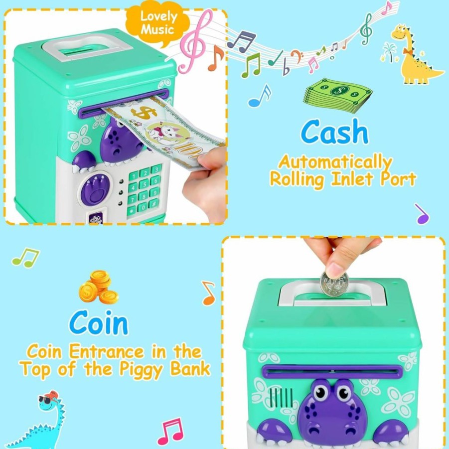 Basytodio | Dinosaur Atm Piggy Bank Toys For Real Money For Kids Safe With Digital Fingerprint Password Cash Coins Saving Treasure Box For Boy Girl Birthday Gifts